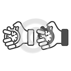 Stopwatch timer in coach hand line and solid icon, sport training concept. Vector graphics. Hand with trainer stopwatch