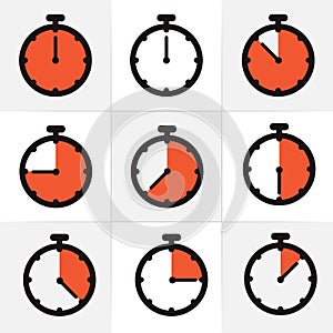 Stopwatch or timer icon set of 9. Chronometer, deadline time interval sign. Time measurement Stock vector illustration photo