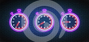Stopwatch, timers with 35, 40 and 45 minutes in neon style. Vector illustration