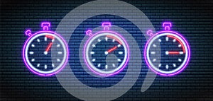 Stopwatch, timers with 5, 10 and 15 minutes in neon style. Vector illustration