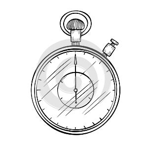 Stopwatch for timing. Vector illustration of chronometer on isolated background. Drawing of Timer for icon in linear