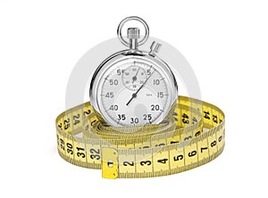 Stopwatch and yellow measuring tape. isolated on white background