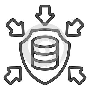 Storage array on shield with arrows line icon, data protection concept. Vector graphics. Hard disks, data under attack