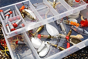 Storage box with fishing baits and accessories