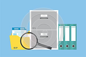 Storage box with magnifying glass and file binders, folder with documents. Files search. File manager, data storage and indexing