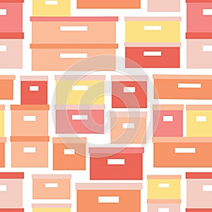 Storage boxes seamless vector pattern. Stacked cardboard storage boxes with closed lid background in coral yellow. Vector