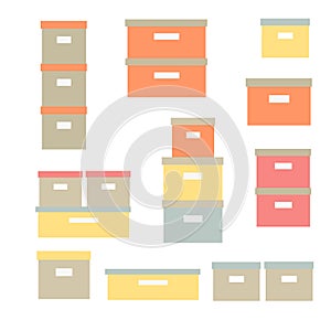 Storage boxes vector icon set. Stacked cardboard storage boxes with closed lid. Packaging collection. Vector illustration. Closet