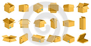 Storage cardboard boxes. Packaging delivery cardboard box, brown postal parcel package, open and closed recycling boxes