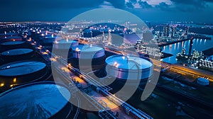 Storage of chemical products like oil, petrol, gas, Aerial view oil storage tank terminal and tanker, petrol industrial