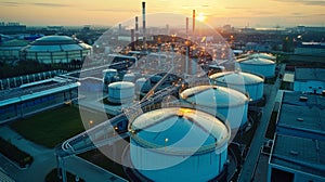 Storage of chemical products like oil, petrol, gas, Aerial view oil storage tank terminal and tanker, petrol industrial