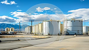 Storage of chemical products like oil, petrol, gas. View oil storage tank terminal and tanker, petrol industrial zone.