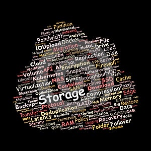 Storage and Cloud Computing Word Cloud. Essential IT terms for data management and security