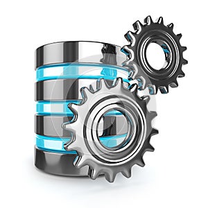 Storage database and gears on white background