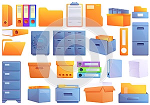 Storage of documents icons set, cartoon style