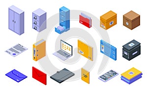 Storage of documents icons set, isometric style