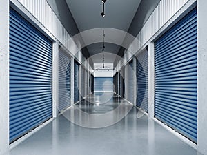 Storage facilities with blue doors.3d rendering