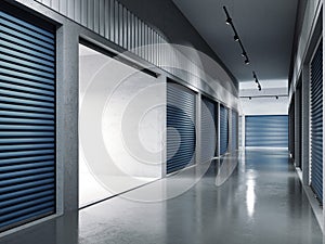 Storage facilities with blue doors. Opened door. .. 3d rendering