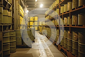 storage facility, with barrels of radioactive waste stacked on metal racks
