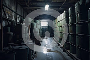 storage facility, with barrels of radioactive waste stacked on metal racks