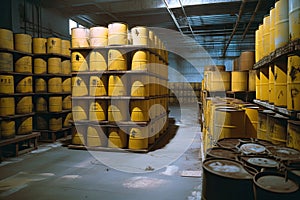 storage facility, with barrels of radioactive waste stacked on metal racks