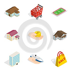 Storage facility icons set, isometric style