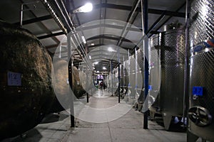 A storage and fermentation tanks at Kindzmarauli Corporation in Kvareli city, Georgia