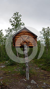 Storage hut of Sami camp in Abisko National Park in Sweden