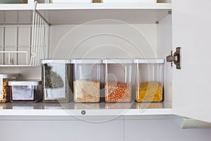 Storage ideas in the kitchen. White box and basket. Shelf order system.