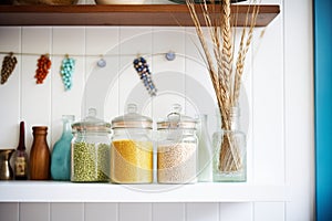 storage jars with grains on a pantry shelf