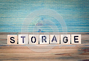 Storage - name from wooden letters. Office desk, informative and communication background