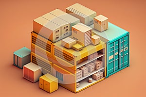 Storage of packages and container storage, in a warehouse, illustration, generative ai