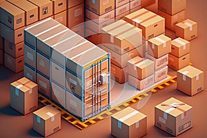 Storage of packages and container storage, in a warehouse, illustration, generative ai