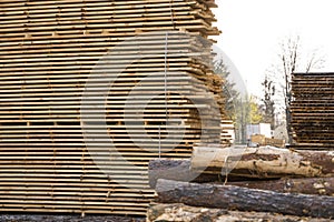 Storage of piles of wooden boards on the sawmill. Boards are stacked in a carpentry shop. Sawing drying and marketing of