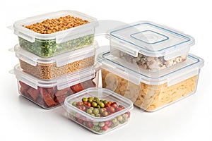 Storage plastic food containers isolated over white