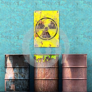 Storage radioactive waste, barrels resting on a wall, sign with radioactivity symbol, nuclear material