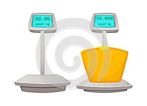 Storage scales. Cartoon vector illustration of Weighing goods