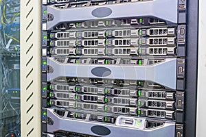 Storage servers are located in the server room of the data center.Modern computer equipment is installed in a rack. The concept of