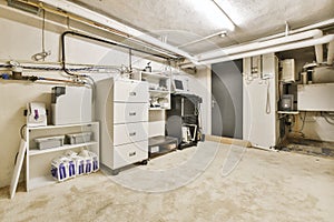 Storage shelves and cabinet in cellar