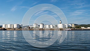 Storage silos,fuel depot of petroleum and gasoline on the banks of the river in western Germany on a beautiful blue sky with cloud