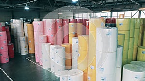 Storage space of a paper-manufacturing factory with paper rolls