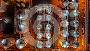 Storage tank of liquid chemical and petrochemical product tank, Aerial view at night