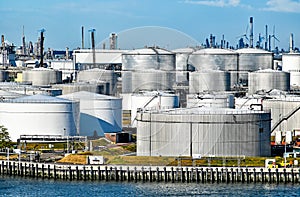 Storage tanks in the oil and chemical port of Rotterdam in the Netherlands