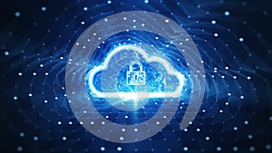 Storage technology concepts transfer data to cloud computing platforms. The cloud icon and padlock stand out in the middle and a