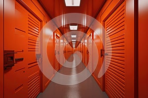 Storage units rent. Man in warehouse hallway. Guy carries boxes into storage units. Doors to warehouse units are closed