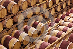 Storage, winery cellar and wood barrel collection or red wine, alcohol and luxury, vineyard industry container and