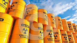 Storage of yellow barrels with nuclear waste on outdoor sky. 3d