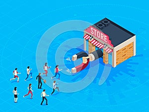 Store attraction customers. Market magnet attracted loyal customer. Inbound marketing attract clients vector isometric photo