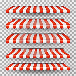 Store awning. Grocery market striped roofs. Red and white shop canopy. Restaurant window tent vector isolated set