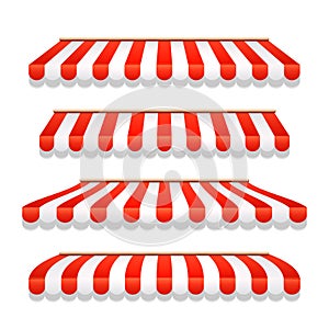 Store awning shop canopy. Store tent red striped roof front view. Restaurant, grocery or cafe awning street umbrella