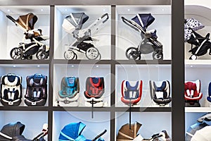 Store of baby carriages and car seats photo